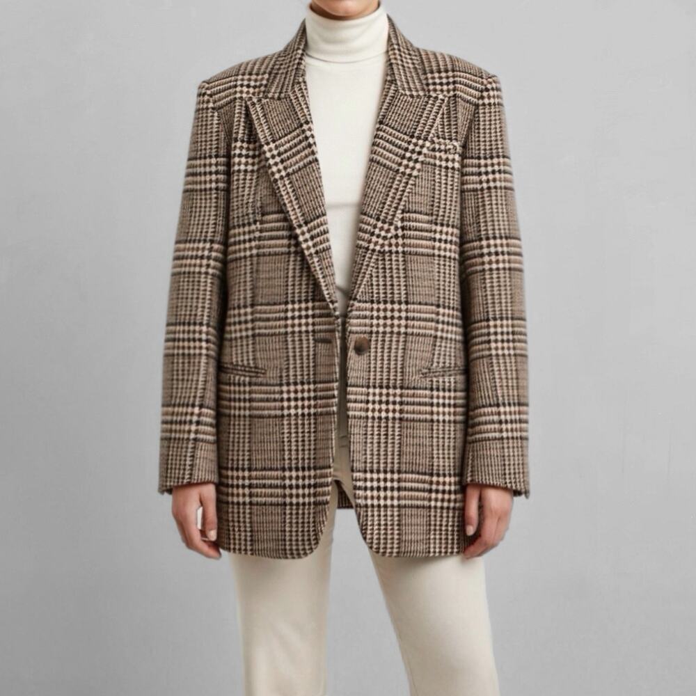 Y2K 100% Wool Houndstooth Tweed Blazer Academia Heritage Tailored Preppy Camel 8
